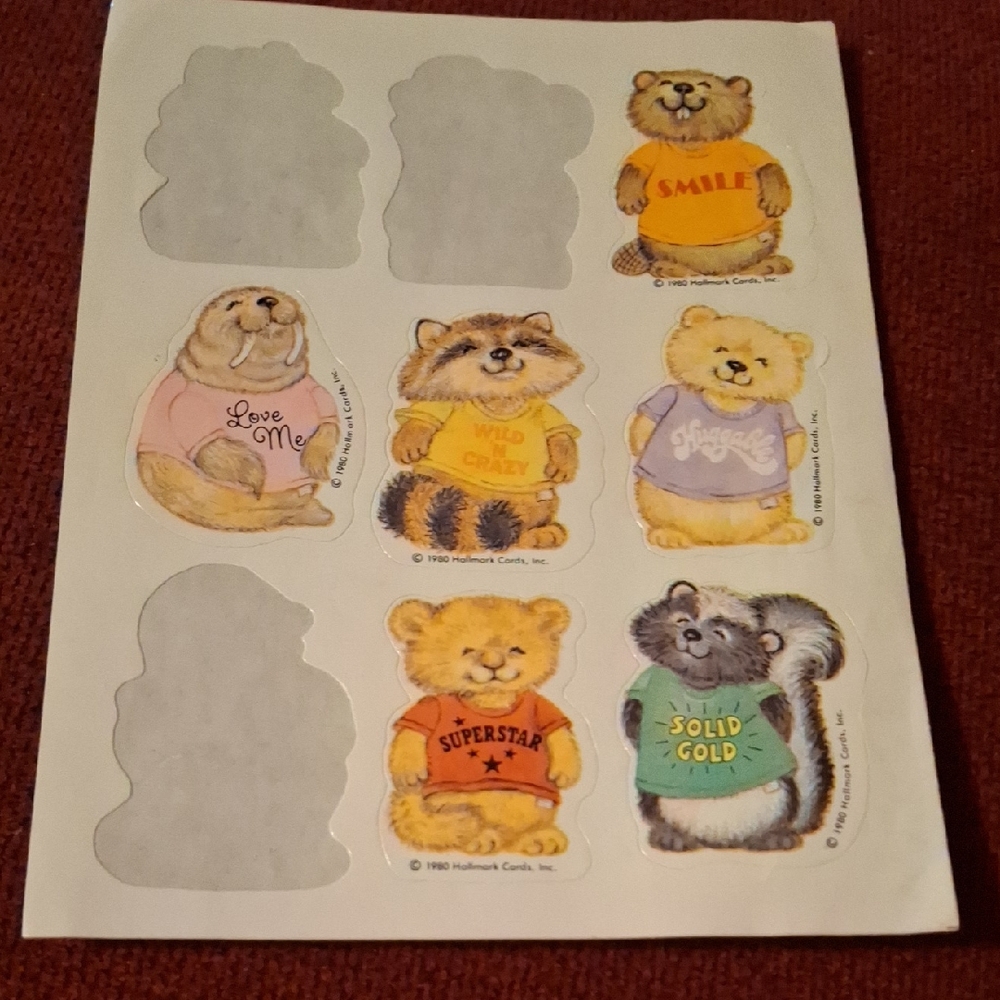 Vintage Hallmark Animal Stickers Sheet Shirt Tails Tales Racoon Bear Cub Walrus